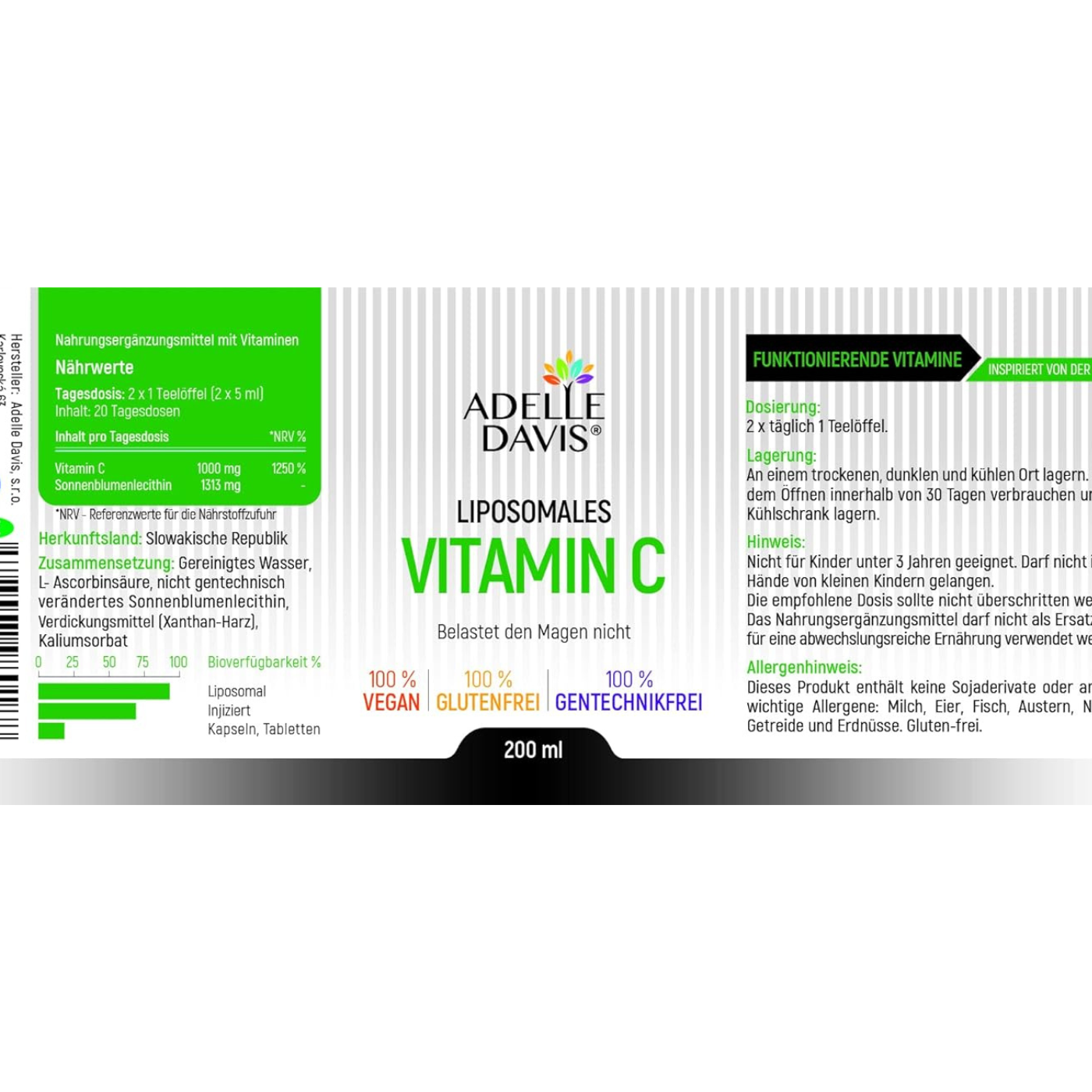 Beschriftung der Flasche, Liposomales Vitamin C, Adelle Davis
