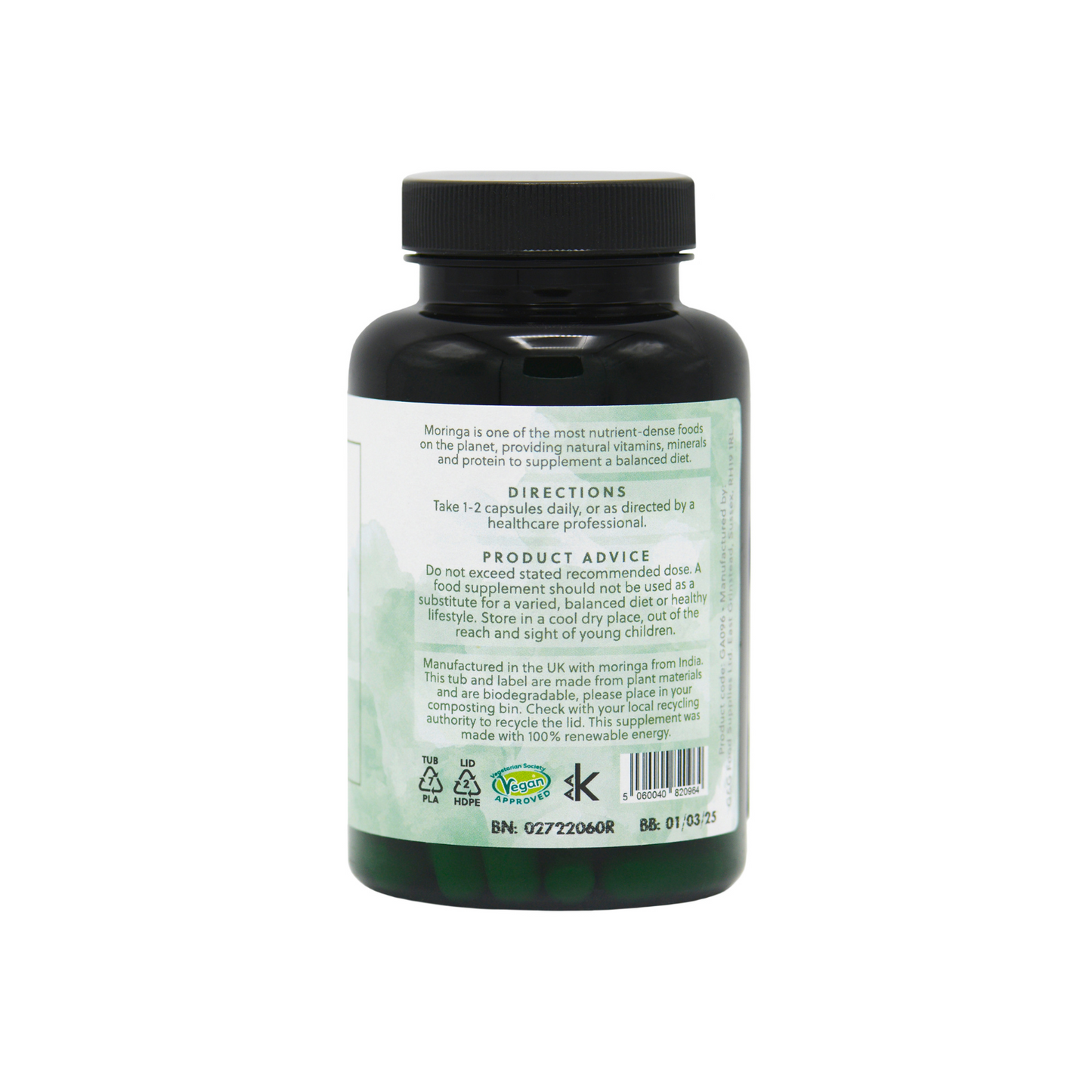 Seitenansicht, Anwendungen, vegan, oleifera-Blätter