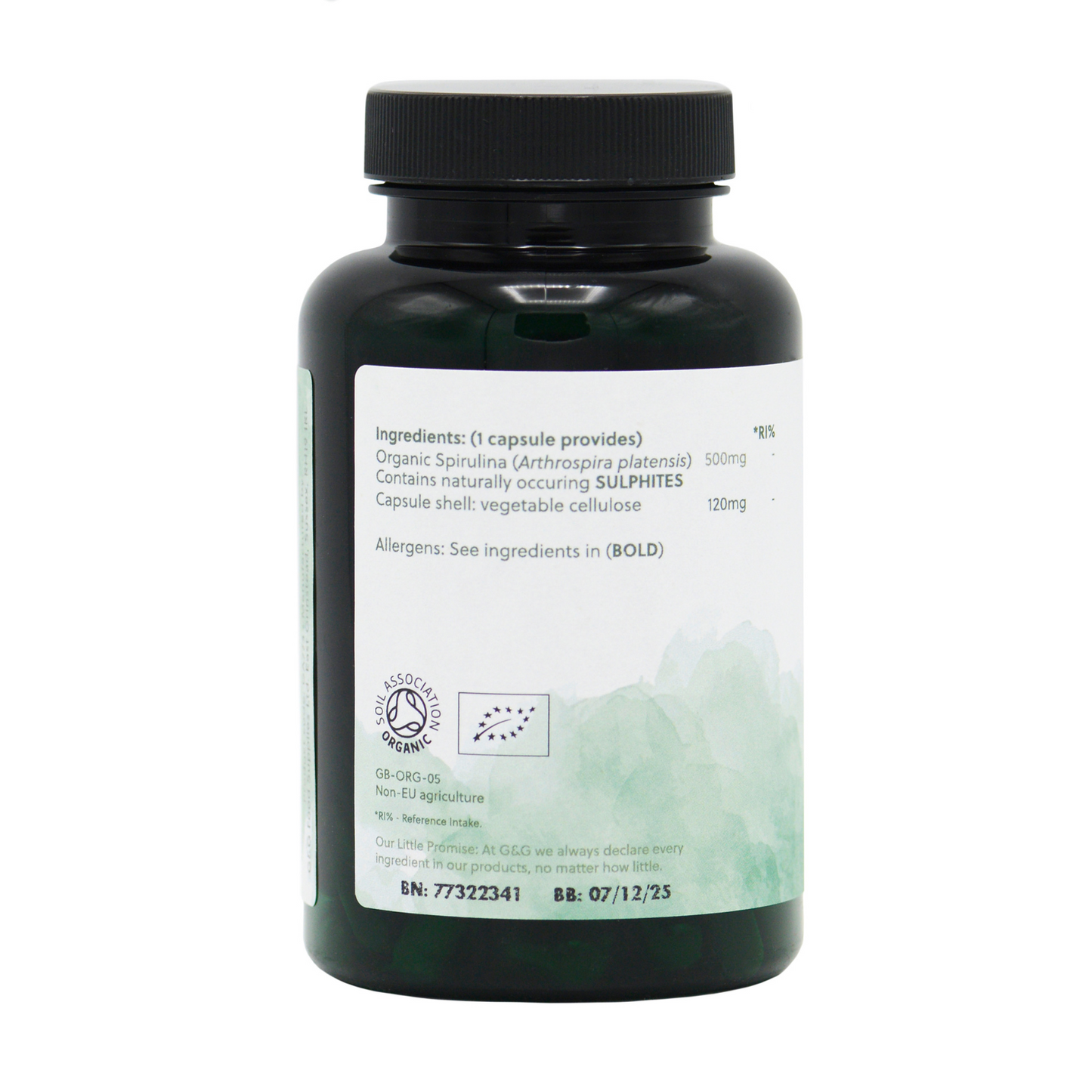 Inhaltsstoffe von Spirulina G&G, rechte Seite der Flasche