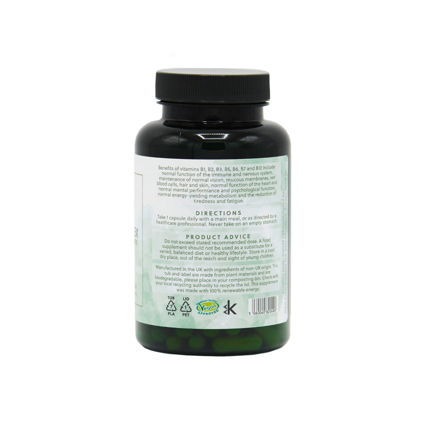 Linke Ansicht der Flasche, Einnahme, vegan,