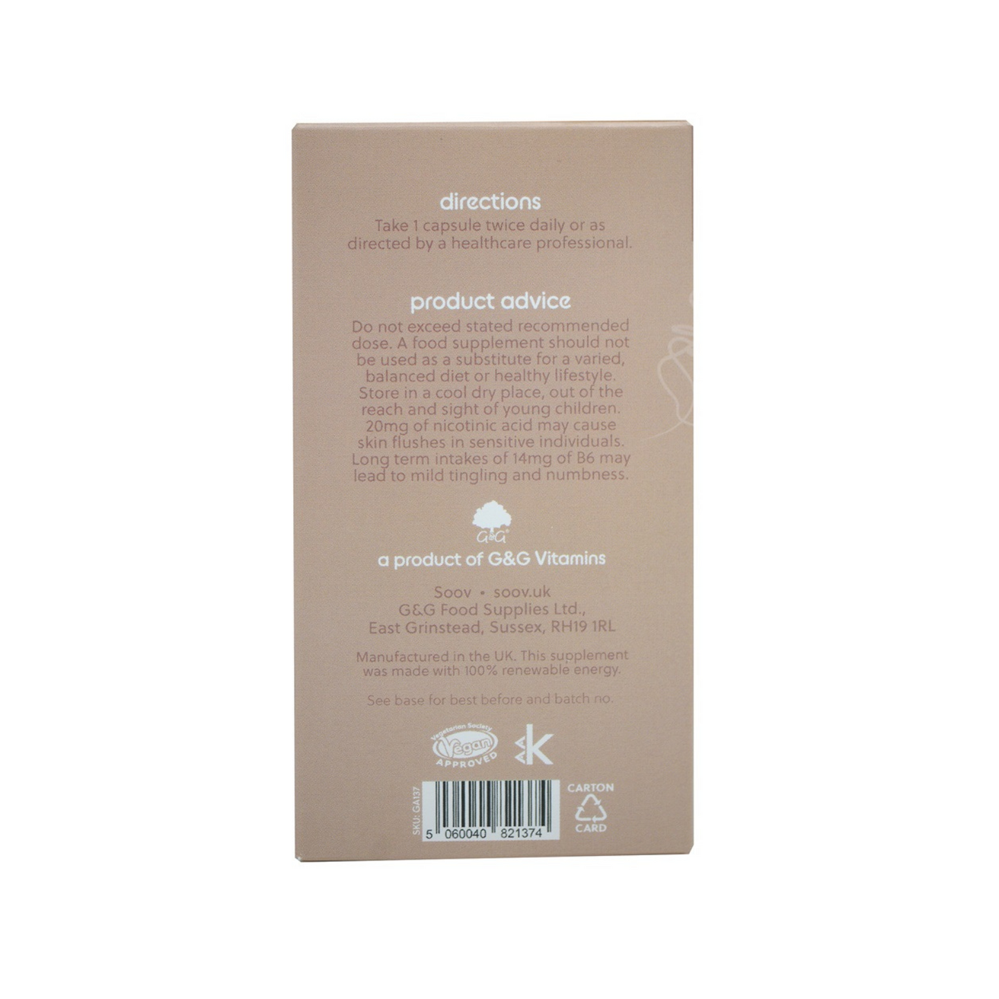 Seitenansicht der Packung, Anwendung, GandG Vitamine, vegan