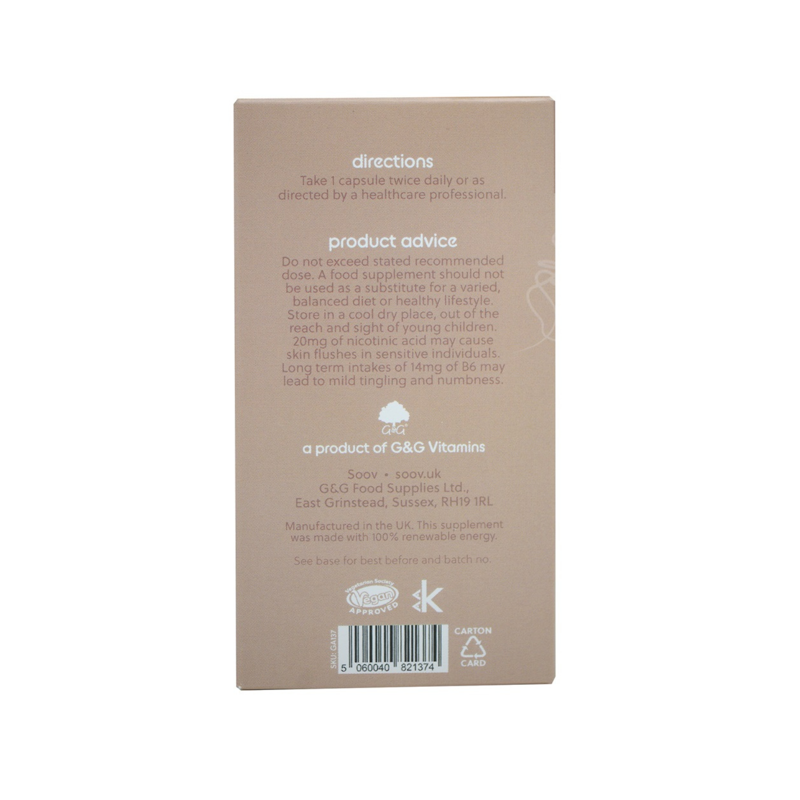 Seitenansicht der Packung, Anwendung, GandG Vitamine, vegan