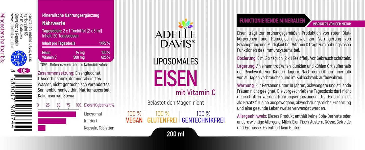 Liposomales Eisen 14mg mit Vitamin C 500mg - 200 ml - Vegan, Ohne Soja & Gluten | Adelle Davis®