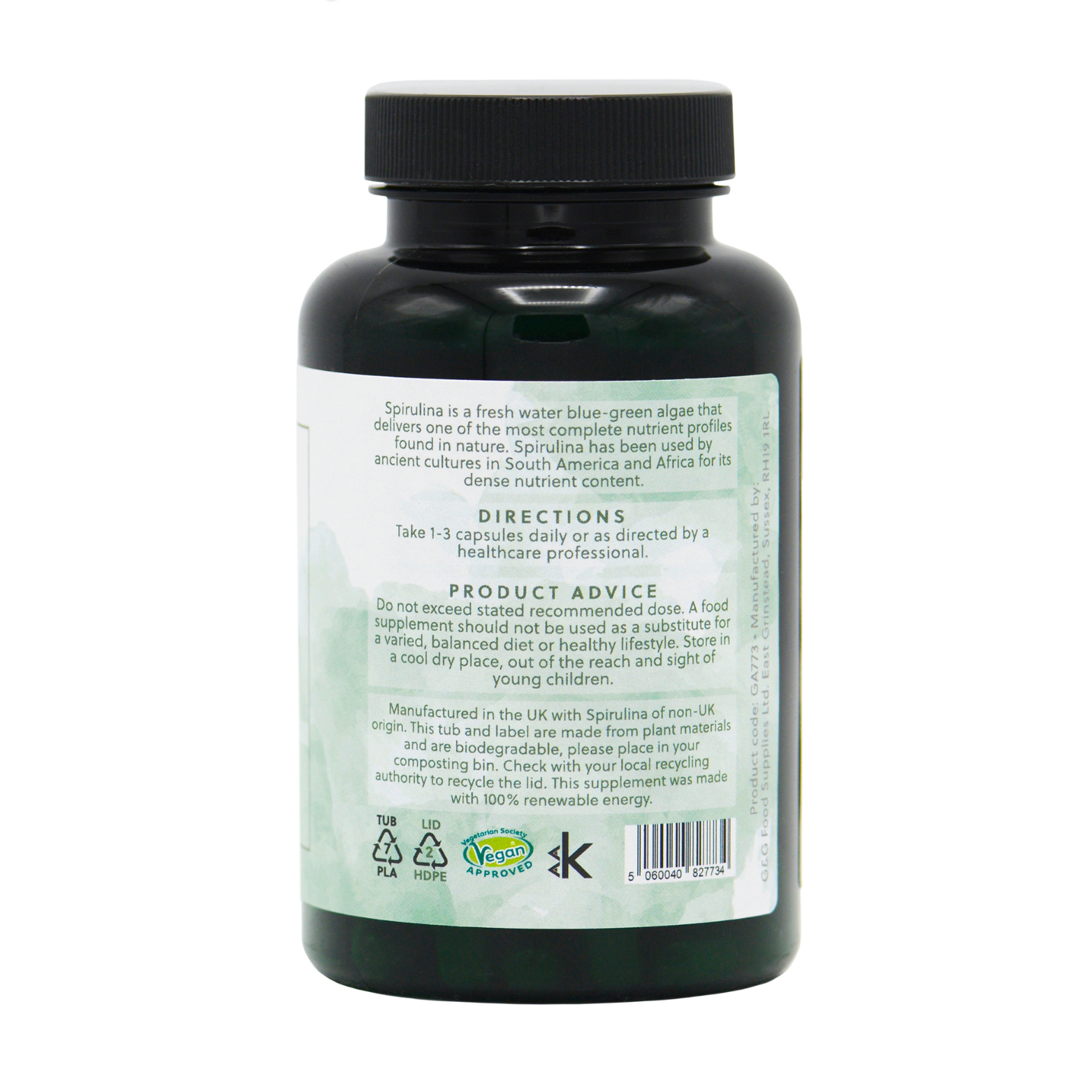 linke Seite der Flasche, Anwendung von Spirulina