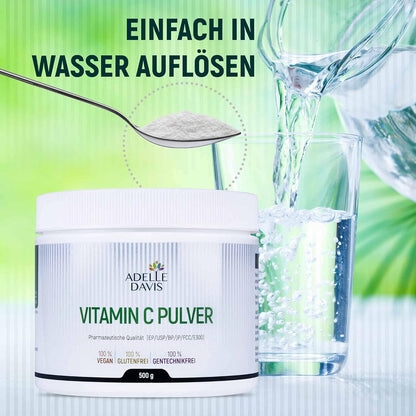 Vitamin C Pulver Adelle Davis, Einnahme, Bild mit Wasser und Pulverform