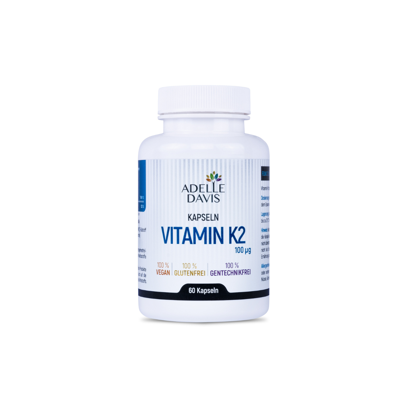 Vitamin K2 100 µg (MK7) – 60 vegane Kapseln, Glutenfrei, Ohne Gentechnik – Hergestellt in der EU – Adelle Davis®